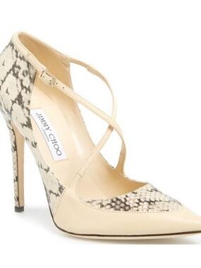 Jimmy Choo Maverick Pumps, Beige Snake-Print Crisscross Pointed Toe Pump